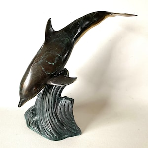 SPI DOLPHIN on Wave Brass Metal Art Sculpture Nautical Decor Verdigris Patina