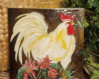 VTG Rooster Flowers Ceramic Tile Wall Art Trivet 8x8 Farmhouse Decor