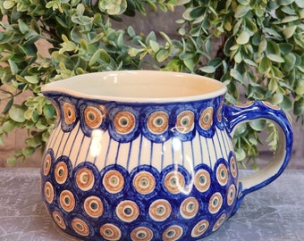 Medium Boleslawaiec Polish Handpainted Pitcher 4.25" High Peacock Design