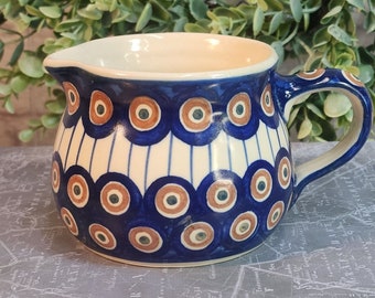 Small Boleslawaiec Polish Handpainted Pitcher Peacock design. 3.5" High.