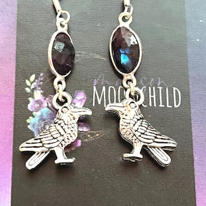 Raven Labradorite Earrings, folklore crow gift, jewelry gift for protection, silver moonstone crow jewelry, raven earrings, raven talisman