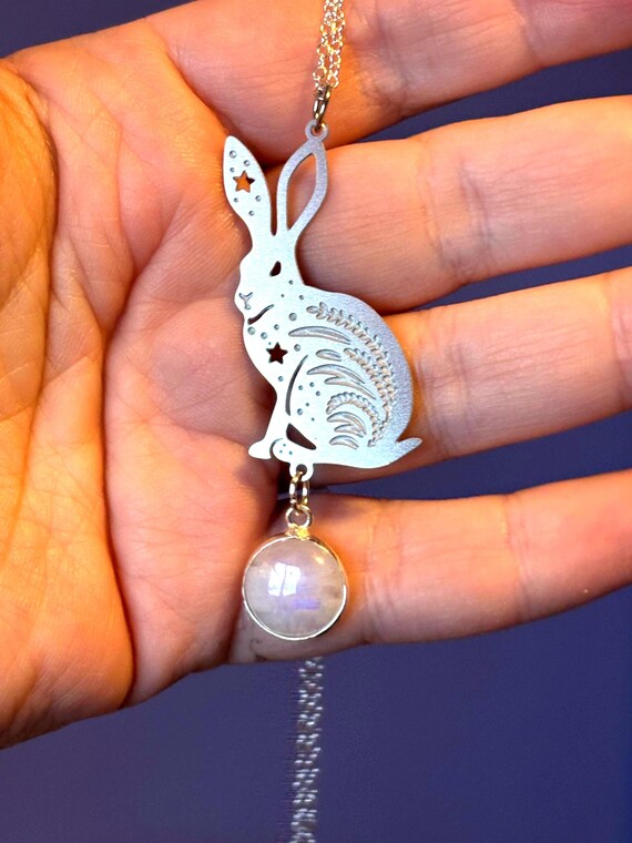 Great Hare Moonstone Necklace, Silver Moonstone Rabbit Pendant