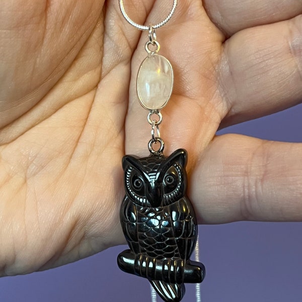 Hematite Owl Necklace, Rainbow Moonstone Owl Necklace, silver crystal Owl Jewelry, moonstone owl Pendant, owl choker, bird of prey jewelry