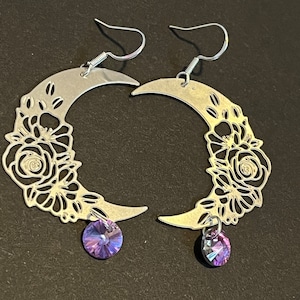 silver moon earrings, floral crescent moon earrings, whimsical lunar earrings, purple crystal Moonchild earrings, filigree moon jewelry gift