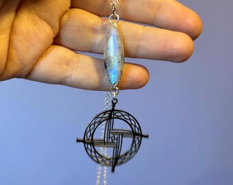 Rainbow Moonstone St Brigid Cross Necklace, Silver Woven Irish Cross