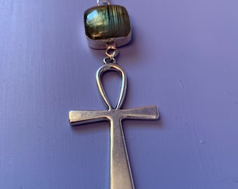 Labradorite Ankh Talisman, Eternal Life labradorite Amulet, antiqued Egyptian Cross, ancient Egypt ankh pendant, silver ankh necklace