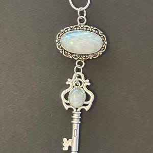Keeper of the Keys moonstone necklace, skeleton key pendant, witchy hecate key necklace, rainbow moonstone key amulet, Victorian key pendant