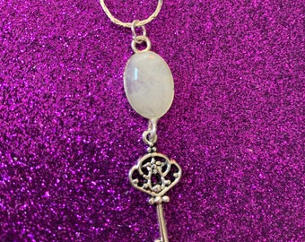 moonstone key Pendant, Goddess Hekate signet jewelry, crossroads goddess hecate necklace, keeper of the keys necklace, skeleton key necklace