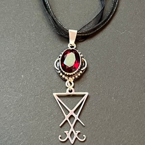 Silver Lucifer Necklace, garnet Lucifer pendant,  Satanic Sigil jewelry, fallen Angel jewelry, satanist Talisman, moonstone Lucifer amulet