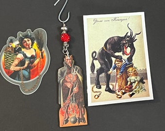 Krampus Ornament Bundle, Krampusnacht Gift Bag, Stocking Stuffer, retro inspired krampus decor, krampus sticker, xmas horror keepsake