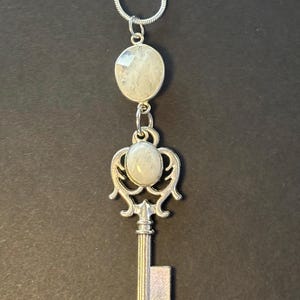 Keeper of the Keys moonstone necklace, skeleton key pendant, witchy hecate key necklace, rainbow moonstone key amulet, Victorian key pendant