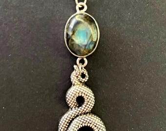 Gothic Labradorite Snake Pendant, Silver Snake Necklace