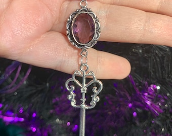 Keeper of the Keys amethyst necklace, hekate goddess devotional jewelry, witchy key necklace, amethyst skeleton key, crystal key pendant