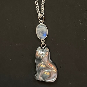 Moonstone Hematite Cat Necklace, Silver Egyptian Cat Pendant, Rainbow Moonstone Cat Necklace, siamese cat talisman, Crystal sphinx pendant