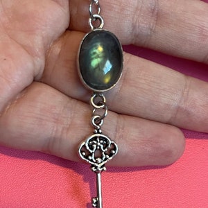 Keeper of the Keys labradorite necklace, silver skeleton key jewelry, goddess hecate devotional, gothic key talisman, hekate key jewelry