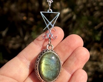 Silver Labradorite Sigil Necklace, Lucifer Morningstar Pendant