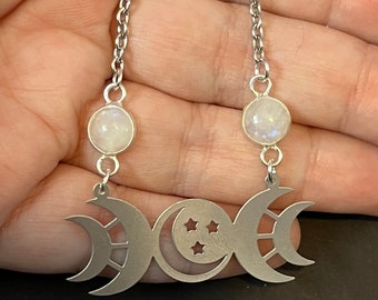 Triple Moon Moonstone Pendant, silver lunar Goddess necklace, triple moon jewelry, keeper of the keys pendant, witchy moon talisman