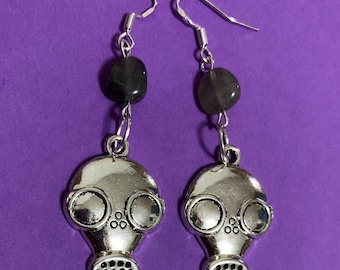 Silver Gas Mask Earrings, steampunk jewelry, labradorite plague mask earrings, gasmask statement earrings, vintage style plague mask jewelry