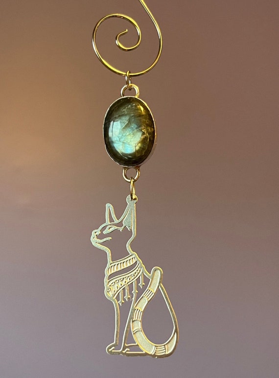 Labradorite Bastet Ornament,  Silver yule cat Decoration