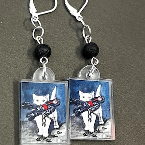 Krampus vs cat jewelry, yule krampus cat  keepsake, retro krampus card earrings, creepy Christmas, novelty xmas jewelry, krampus kitty gift