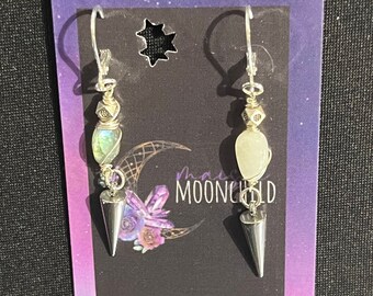 Moonstone Silver Spike Earrings, Labradorite punk rock statement jewelry, rivet earrings, curio jewelry, gift for teen, rockabilly earrings