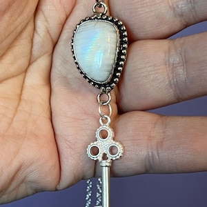 Keeper of the Keys pendant, moonstone key necklace, skeleton key, witchy moonstone key, hecate key talisman, rainbow moonstone key amulet