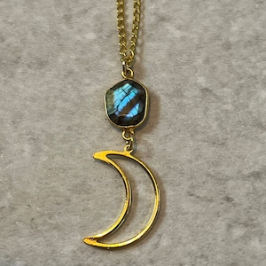 Gold Labradorite Crescent Moon necklace, faceted labradorite lunar pendant, gold witchy jewelry gift for Samhain , triple moon necklace
