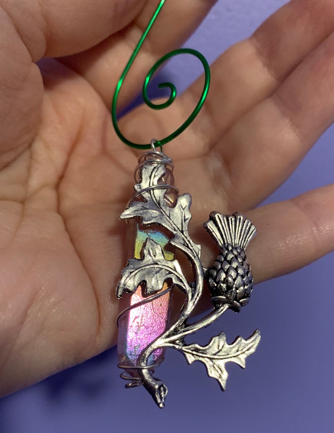 Scottish Thistle Aura Quartz Ornament, Green Witch Yule Ornament