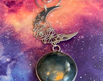 Labradorite moon Ornament, moon Christmas ornament, crescent moon keepsake, Moonchild wall hanging, lunar yuletide decor, gift for mom