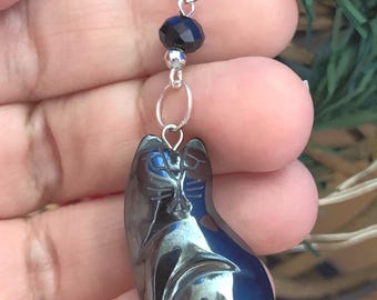 Yule Cat Hematite Christmas Ornament, Kitty Holiday Decor