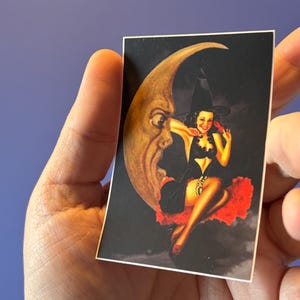Vintage Witch Sticker, Bombshell Halloween Sticker, Retro Pinup Witch sticker, witchy Decal, pinup with moon Sticker, pinup art Decal
