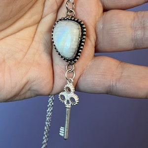 Keeper of the Keys pendant, moonstone key necklace, skeleton key, witchy moonstone key, hecate key talisman, rainbow moonstone key amulet
