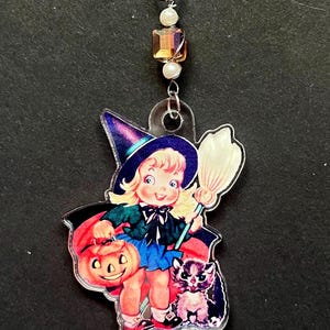 Cute witch halloween Ornament, blonde Witch Ornament, retro Halloween home Decor, Halloween tree Witch and cat Ornament, Halloween tree gift