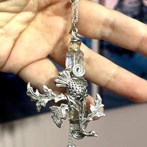 Scottish Thistle necklace, Beloved thistle quartz necklace, crystal thistle jewelry, Celtic thistle amulet, botanical jewelry, gift for mom