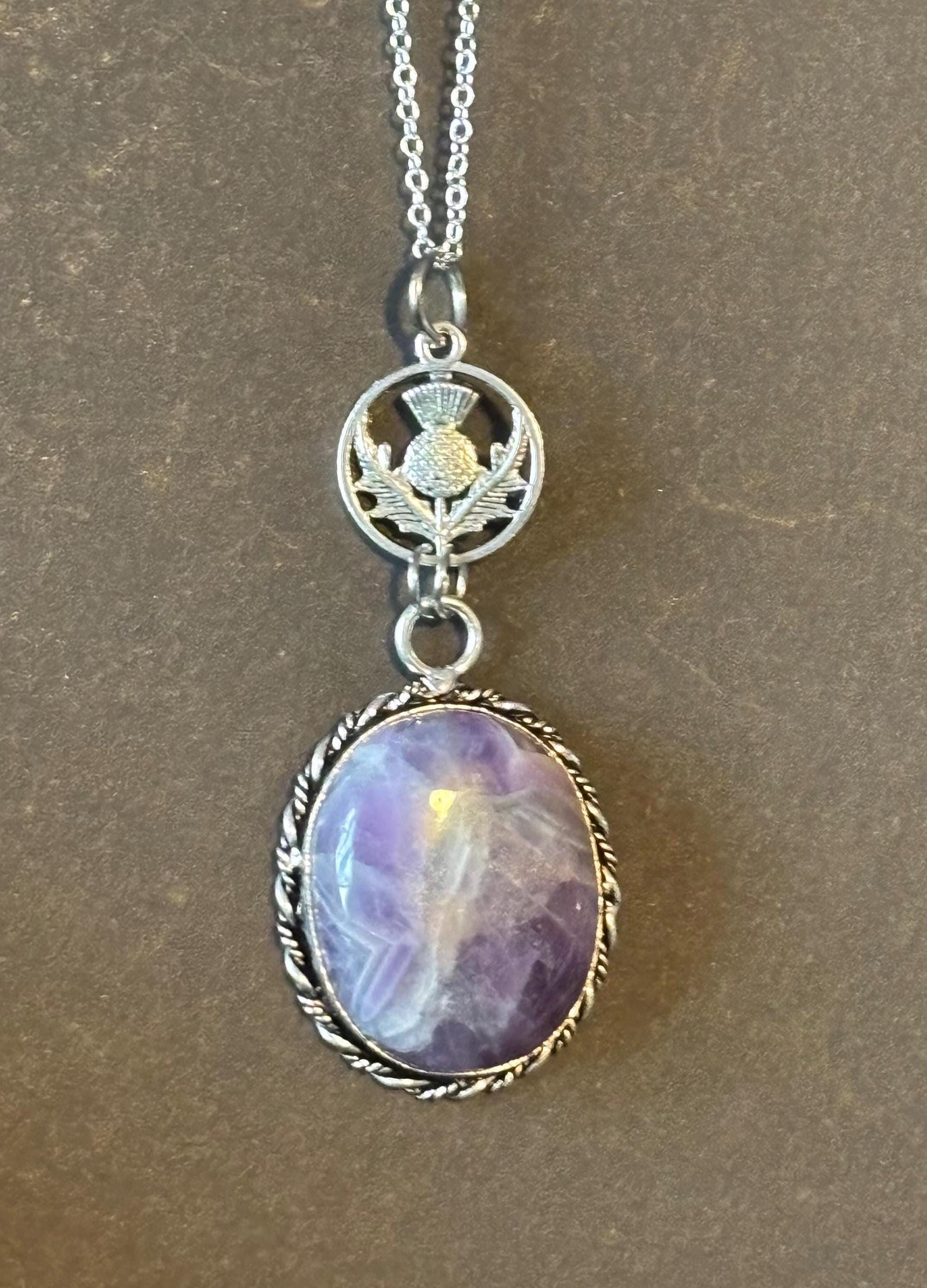 Scottish Thistle amethyst pendant, Green Witch talisman, blessed thistle keepsake, amethyst thistle floral necklace, Celtic thistle pendant