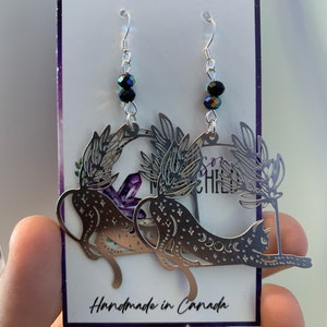 Whimsical Celestial Cat Earrings, Floral Silver Feline Jewelry