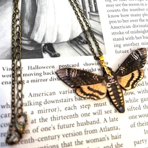 Collana con falena testa di morte, gioielli con falena falco spettrale, ciondolo con insetto vittoriano, collana con falena gialla, gioielli con falena, gioielli con farfalla scura