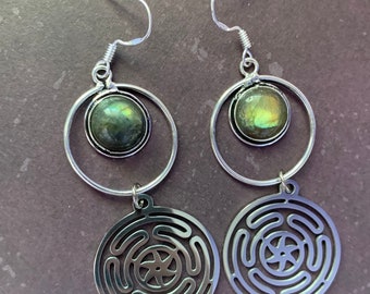 Wheel of Hecate Labradorite Earrings, Hekate’s Strophalos Hangers, Goddess Hecate Earrings, Triple Moon Goddess Jewelry, hecate keepsake