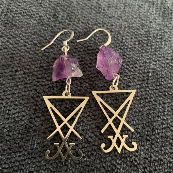 Lucifer Sigil Amethyst Earrings, supernatural Crystal jewelry, Occult statement earrings, satanic motif jewelry, Luciferian silver earrings