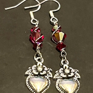 Sacred Heart Earrings, Silver floral Heart jewelry, folk heart silver earrings, red crystal heart earrings, romantic jewelry gift for her