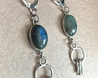Keeper of the Keys labradorite earrings, skeleton key jewelry, gothic key jewelry, silver hecate devotional earrings, yuletide key jewelry
