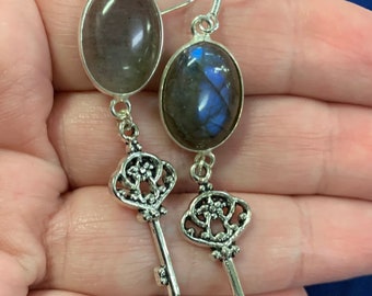 Keeper of the Keys labradorite jewelry, skeleton key earrings , gothic key talisman jewelry, silver goddess hecate earrings, witchy jewelry