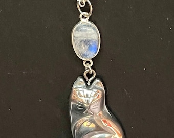 Rainbow Moonstone Cat Necklace, bastet Talisman Pendant