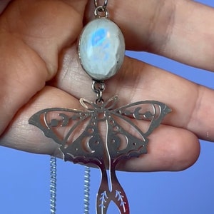 Rainbow Moonstone Luna moth necklace, silver moonstone luna moth jewelry, gothic romance necklace, silver moth talisman, curio jewelry