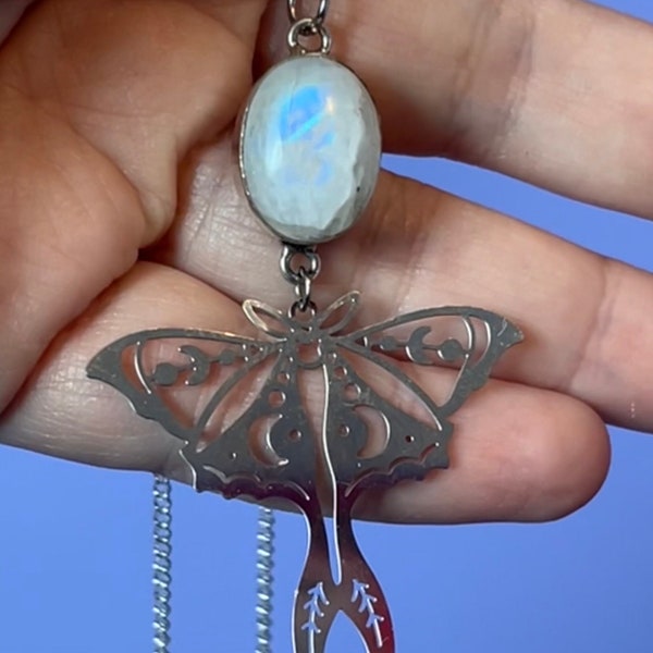 Rainbow Moonstone Luna Moth Necklace