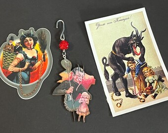 Set di decorazioni e adesivi Krampus vintage, decorazioni natalizie