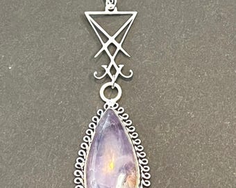 Silber Amethyst Luzifer Sigil Halskette, Satanischer Anhänger