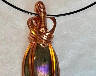 Purple Labradorite Talisman Necklace: Wire Wrapped Rainbow Labradorite Copper Amulet