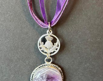 Scottish Thistle amethyst pendant, Green Witch talisman, blessed thistle keepsake, amethyst thistle floral necklace, Celtic thistle pendant