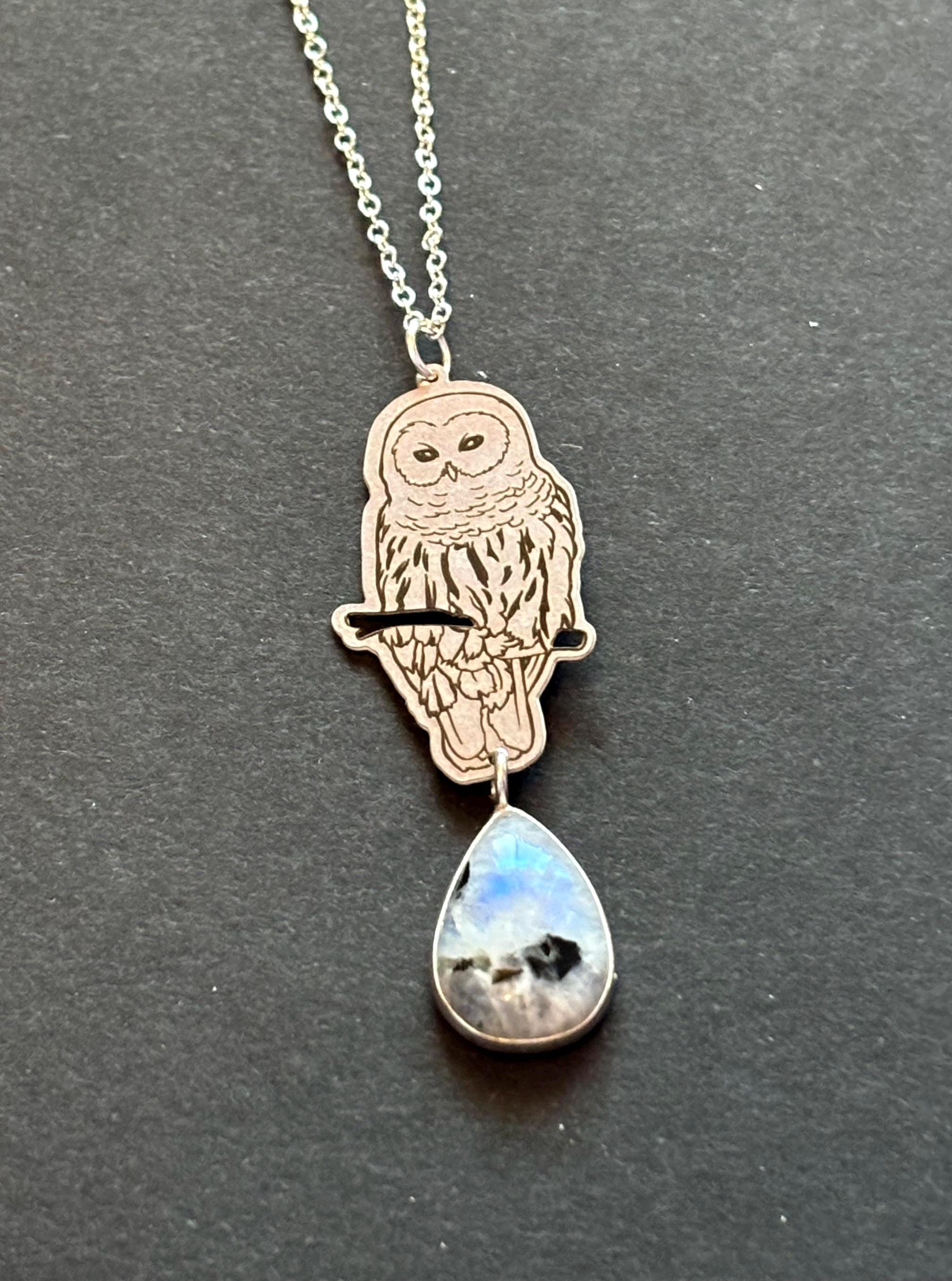 Rainbow Moonstone Owl Necklace, Silver Bird Pendant